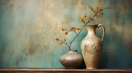 Wall Mural -  a painting of a vase and a vase with a flower in it sitting on a wooden table next to a blue wall and a wooden shelf with a plant in it.