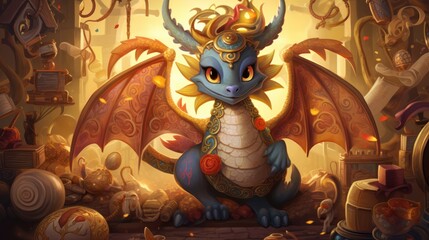 Poster -  a digital painting of a dragon with a golden crown on its head sitting in front of a pile of objects and a lamp in a room filled with other items.