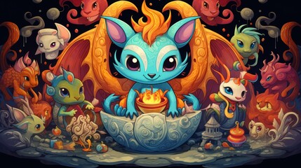 Canvas Print -  a painting of a blue and orange dragon sitting in a bowl of fire surrounded by other small monsters and other small creatures in a dark room with a black background.