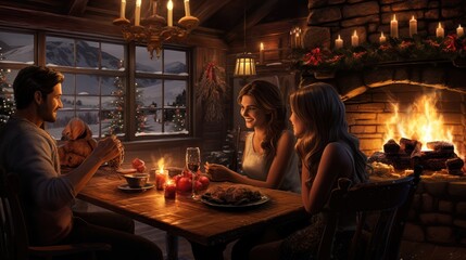 Poster -  a man and two women sitting at a table in front of a fireplace with a lit candle in front of them and a man holding a woman's hand.