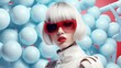 Futuristic woman with white bob hairstyle and sunglasses against a blue balloon backdrop, ideal for modern fashion.