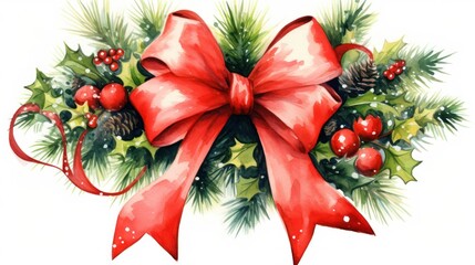 Wall Mural -  a watercolor painting of a christmas bow with holly, berries, pine cones, and a pine cone with a red ribbon and a pine cone on a white background.