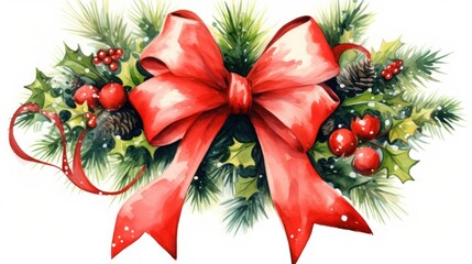 Poster -  a watercolor painting of a christmas bow with holly, berries, pine cones, and a pine cone with a red ribbon and a pine cone on a white background.