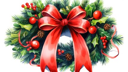 Wall Mural -  a christmas wreath with a red bow and holly berry and pine cones on a white background with a red ribbon and a red bow on the front of the wreath.