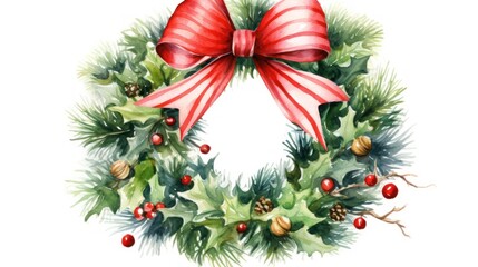 Sticker -  a watercolor painting of a christmas wreath with a red bow and holly wreath with pine cones, berries, and pine cones with a red ribbon on a white background.