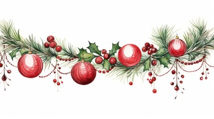 Poster -  a watercolor drawing of a christmas garland with baubles, holly and red baubles hanging from a branch of a tree with red berries and green leaves on a white background.