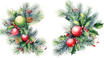 Wall Mural -  two christmas wreaths with holly, balls, and baubles on a white background with red berries, pine cones, pine cones, and mist and pine cones.