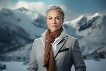 Canvas Print - Portrait of a content woman in her 50s wearing a professional suit jacket against a pristine snowy mountain. AI Generation