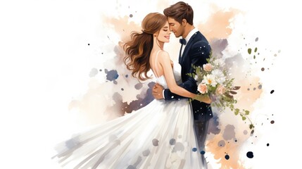 Wall Mural -  a painting of a man and a woman in a wedding dress holding a bouquet of flowers and a man in a tuxedo is holding a bouquet of flowers.