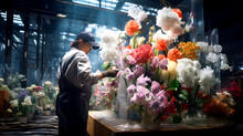 Person In Work Attire And A Cap Is Arranging A Variety Of Colorful Flowers In A Vase Inside A Bright, Industrial Greenhouse