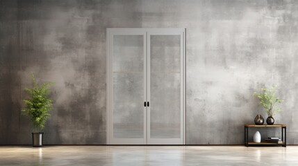  an empty room with a white door and two potted plants on a shelf in front of the door and a gray wall behind the door is a concrete wall.