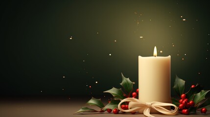 Wall Mural -  a lit candle surrounded by holly leaves and red berries with a bow on a dark green background with gold flecks and snowflakes on the bottom of the candle.