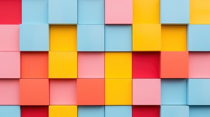 Wall Mural -  a multicolored wall made up of squares and rectangles of different sizes and colors, with a red, yellow, blue, pink, orange, and pink color scheme.