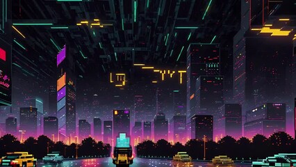 Wall Mural - Futuristic urban animation of cyberpunk cityscape with high skyscrapers. Steampunk cityscape animation in neon style with illustrations transformations, music visualization. AI generated video