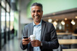 © Mosaic Media - Close-up of a contented, mature businessman, Latin or Indian, with a smartphone in his office, highlighting digital technology use for business solutions.
