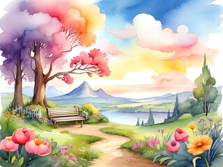 Wall Mural - Watercolor summer idyllic landscape, fields and meadows full of flowers, children story book style  illustration.