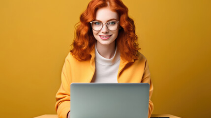 Wall Mural - Smiling cheerful smart young ginger woman wearing casual teenage clothes using laptop computer pose looking at camera isolated color background