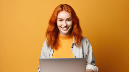 Wall Mural - Smiling cheerful smart young ginger woman wearing casual teenage clothes using laptop computer pose looking at camera isolated color background