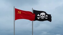 Soviet Union Or USSR Flag And Jolly Roger Or Pirate Flag Waving Together On Cloudy Sky, Endless Seamless Loop