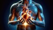 Glowing heart cradled by hands, with an anatomically detailed overlay against a deep blue backdrop, symbolizing health, vitality, and compassionate care.