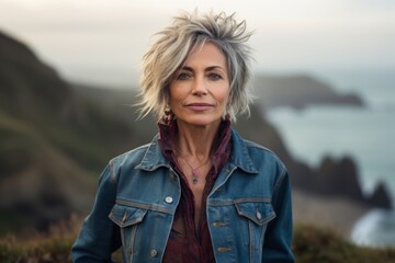 Wall Mural - Portrait of a glad woman in her 60s sporting a rugged denim jacket against a dramatic coastal cliff background. AI Generation