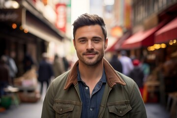 Poster - Portrait of a content man in his 30s sporting a rugged denim jacket against a vibrant market street background. AI Generation