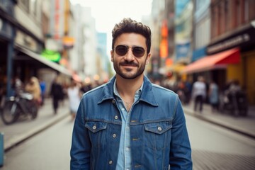 Poster - Portrait of a content man in his 30s sporting a rugged denim jacket against a vibrant market street background. AI Generation