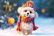 A cute little smiling cartoon white dog in a warm knitted colored hat and a full-length scarf against the background of a fabulous forest. Winter accessories, Christmas.