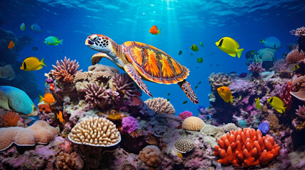 Wall Mural - Turtle and coral reef in the Sea