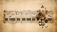 Harmonic Rose Composition: Sheet Music And Rose Overlay On Piano Keys, For Songwriters, Pianists, Romantic Genre Fans – Romantic Concept Art, Generative AI.