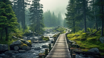 Wall Mural - Wooden bridge on a mountain river in the misty morning.