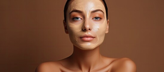 Sticker - The young woman with flawless skin and a radiant face is taking care of her beauty using natural facial creams in a clean spa environment, surrounded by people.