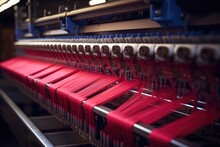 Production Line Of The Textile Industry. Textile Industry. Industrial Background, Textile Factory Machine Weaving Close Up, AI Generated