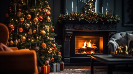 Poster -  a living room decorated for christmas with a christmas tree in the corner and a fire place in the middle of the room.