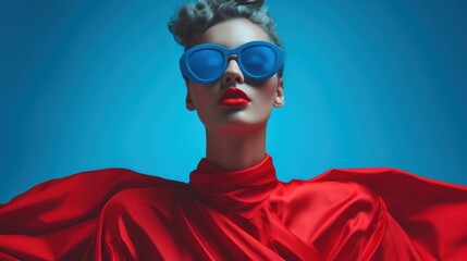 Wall Mural -  a woman wearing blue sunglasses and a red dress with a red cape on top of her head and a blue sky in the background.