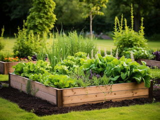 Poster - Camas de madeira minimalistas em jardins modernos que cultivam plantas ervas especiarias vegetais