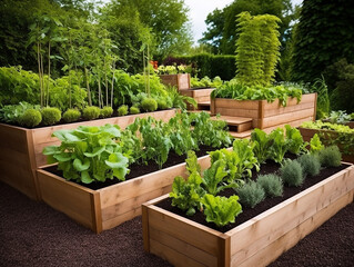 Poster - Camas de madeira minimalistas em jardins modernos que cultivam plantas ervas especiarias vegetais