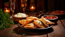 Traditional Empanadas With Meat And Vegetables On A Wooden Background,  Generative AI
