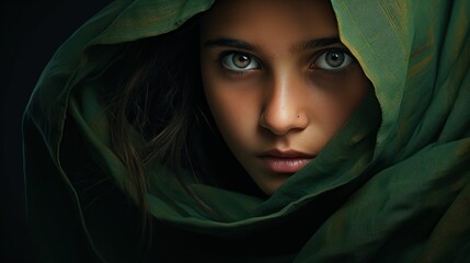  a close up of a woman's face with a green shawl over her head and a black background.