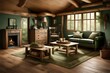 Woodland haven: Oak plank floors, forest green walls, natural wood furniture, rustic textures, woodland tranquility, cabin-inspired design
