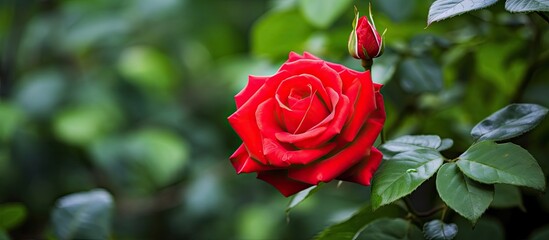 Poster - The beautiful red rose with its vibrant color stands out among the green leaves garden, creating a stunning floral pattern against the natural background, a true embodiment of the beauty of spring and