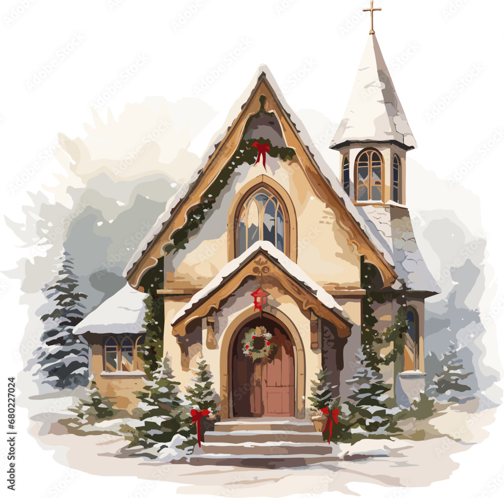 Watercolor vector illustration with winter chalet and deer. Snowy fir ...
