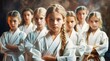 © TATIANA Z - Group of girls about 9-13 years old or teens in white karate kimono in a gym
