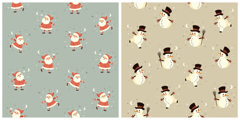 Wall Mural - winter holidays seamless vector pattern with cute snowman and happy santa claus isolated on a pale b