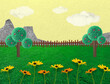 Collage Landscape meadow with flowers sunny day countryside with season changes summer green grass toy, story tell, fairy tale, folk concept