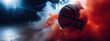 close-up basketball on a basketball court, creative panorama banner with smoke, place for your text