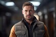 © CogniLens - Portrait of a glad man in his 30s dressed in a water-resistant gilet against a empty modern loft background. AI Generation