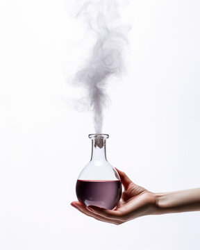 Hand Holding a Glass Flask With purple Liquid smoke Coming Out of It, a flask of a scientist on a white background