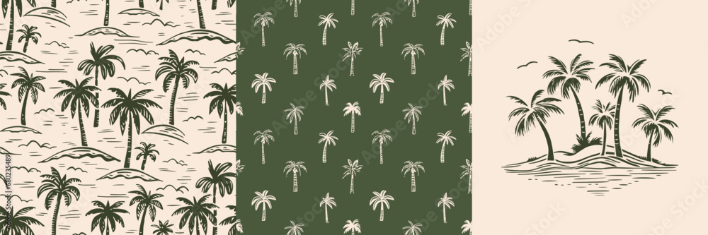 Hand drawn palm tree doodle seamless pattern set. Colorful hawaiian ...