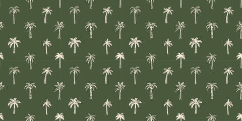 Canvas Print - Hand drawn palm tree doodle seamless pattern illustration. Colorful hawaiian print, summer vacation background in vintage art style. Tropical plant painting wallpaper texture.